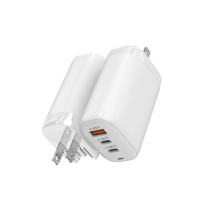 Cargador de pared GaN de 3 puertos y 66 W de conversión personalizada, 2 adaptadores de carga rápida USB-C, 1 adaptador de enchufe de viaje GaN de carga rápida USB-A 3.0 de 65 W con enchufes para Reino Unido, UE, Australia y EE. UU.